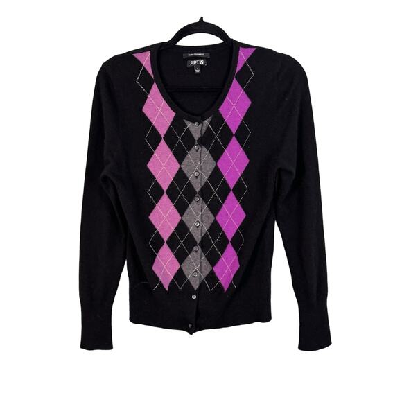 APT 9 Cardigan Womens L Cashmere Diamond Argyle Button Up Cozy Sweater Black - Picture 1 of 7